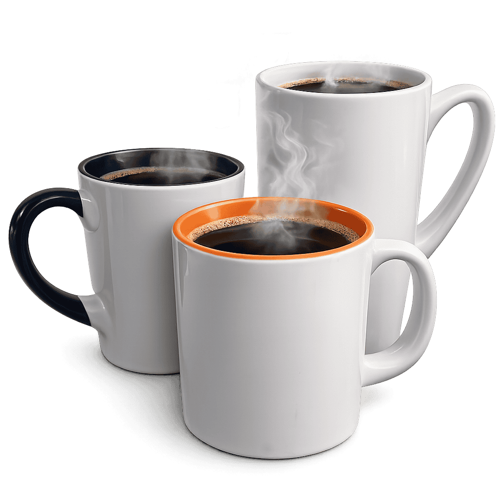 Three coffee mugs filled with hot coffee for the bring your own cup feature