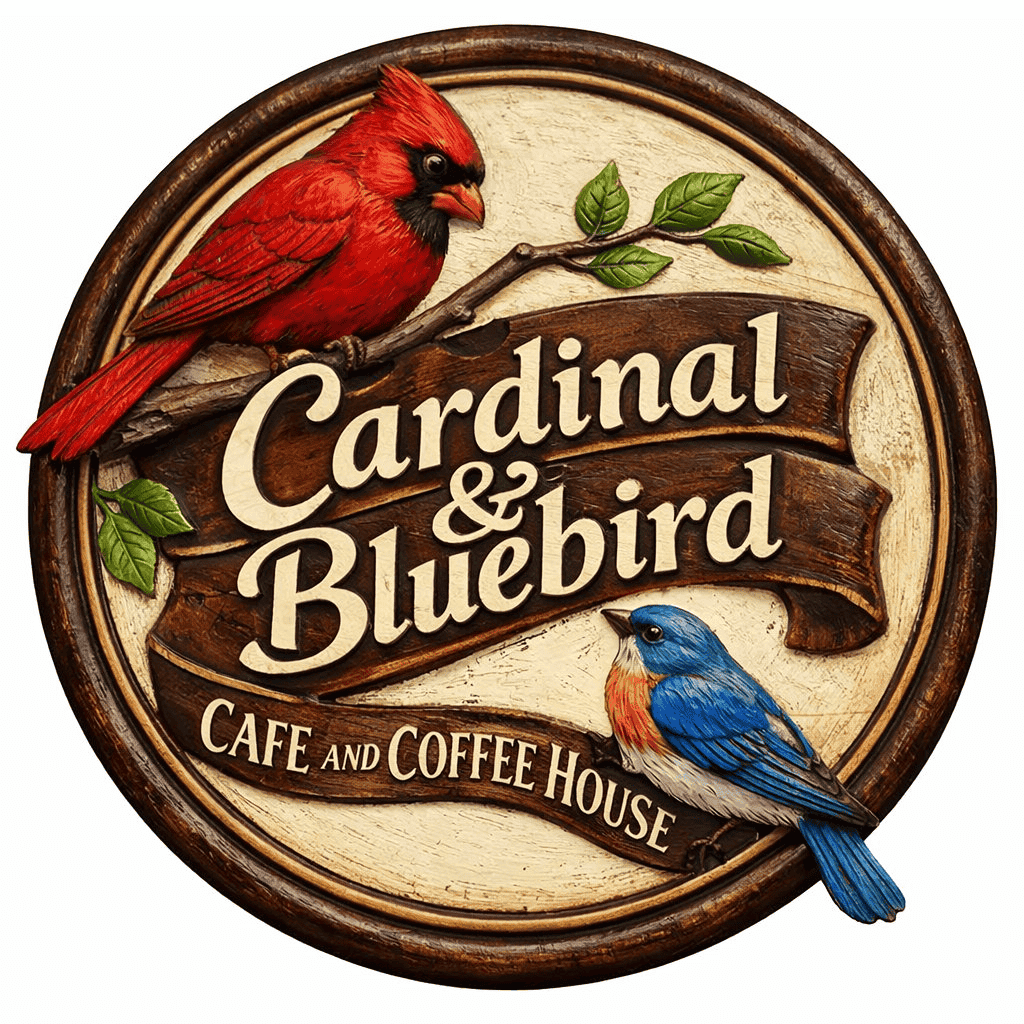Cardinal and Bluebird Cafe and Coffee House carved circular sign